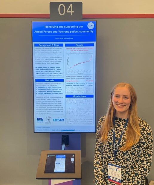 Final year medical student Josie standing next to her poster on her Quality Improvement project carried out in the Highlands in third year at the RCGP annual conference.